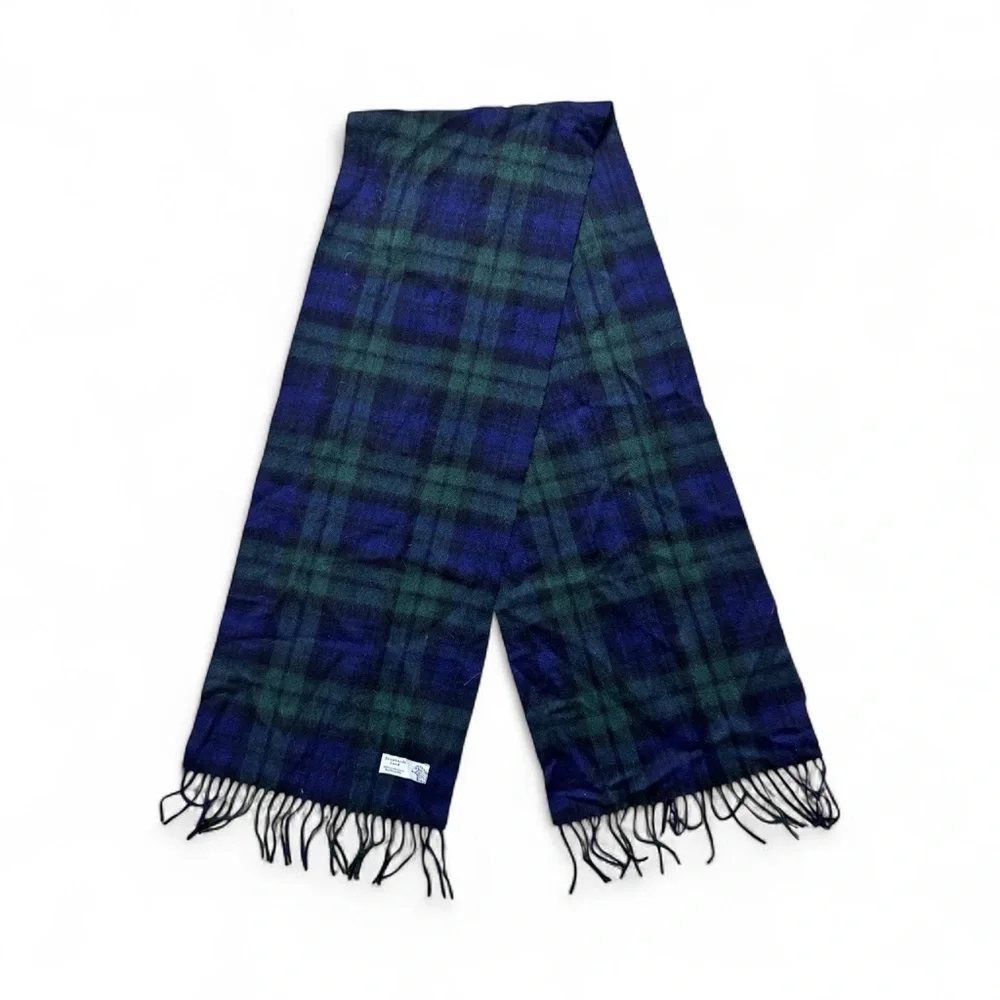 Shepherd’s Land 100% Lambswool Tartan Plaid Fringe Scarf Navy Green